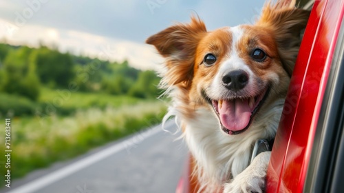 Dog happy with head out of the car window. Having fun on road trip, Summer holiday, Journey and freedom © Thipphaphone