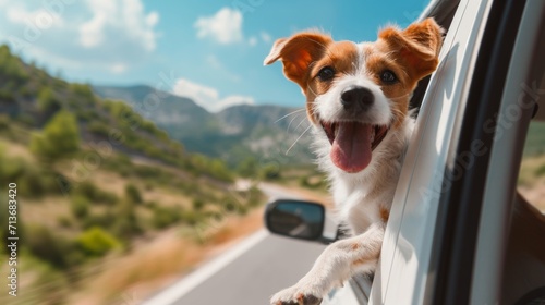 Dog happy with head out of the car window. Having fun on road trip, Summer holiday, Journey and freedom