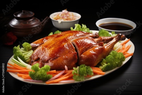 Peking duck on dish with greens, elegant
