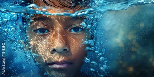 Kid with water, world water day. Relationship between water, ecosystems and human well being. The impact of climate change on water resources and innovation towards sustainable water management
