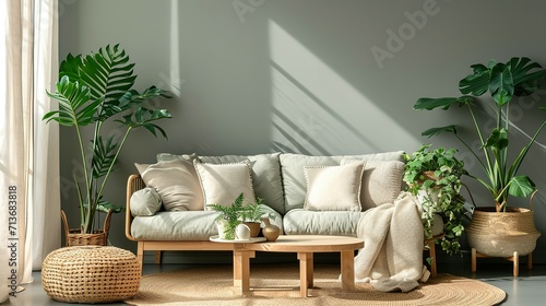 Cozy sofa with cushions, houseplants, table and wicker pouf near grey wall