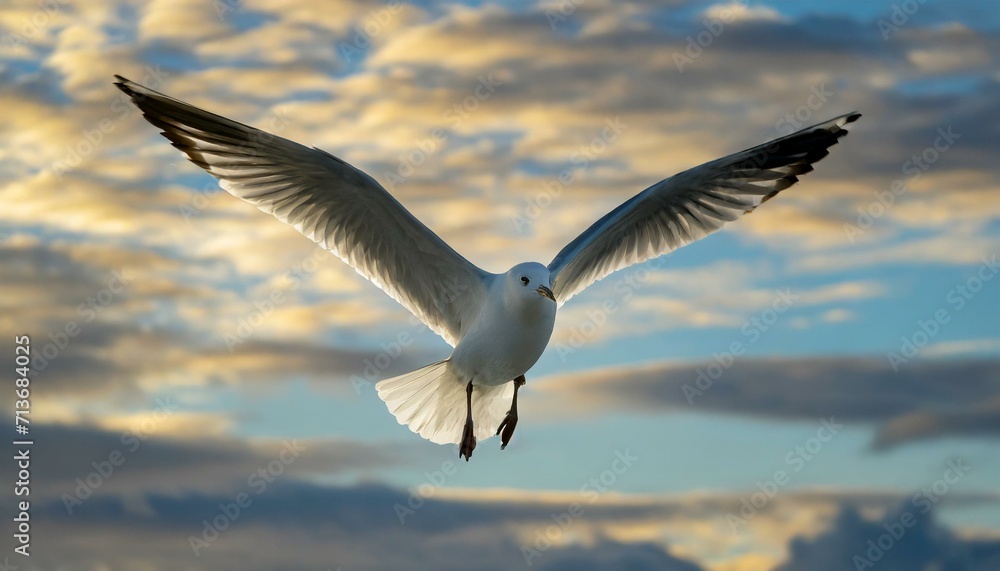 Obraz premium a dynamic digital illustration capturing the elegance of a seagull in flight against a vast and vibrant sky. Emphasize the bird's wingspan and the sense of freedom conveyed by its soaring silhouette.