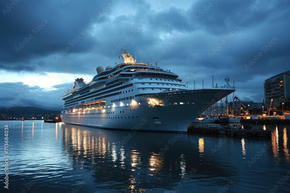 Cruise liner docked at city waterfront at night