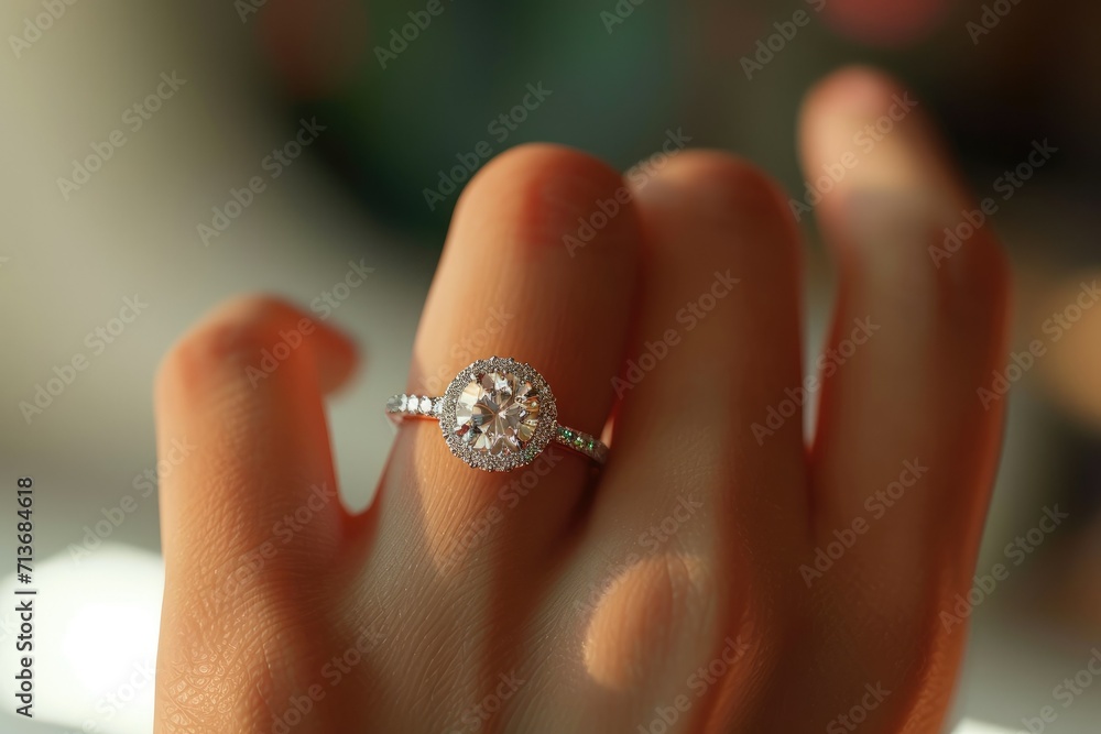 Her ring finger wears an expensive diamond ring Her ring finger wears an expensive diamond ring