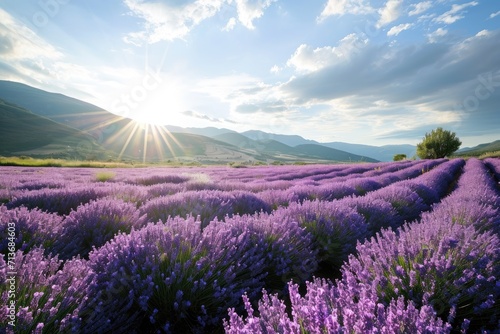 Sun shining through lavender field