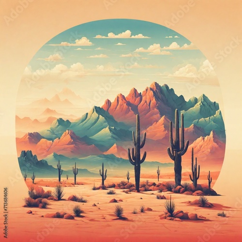 Desert landscape with saguaro cactus and mountains. Negative space illustration.Flat design