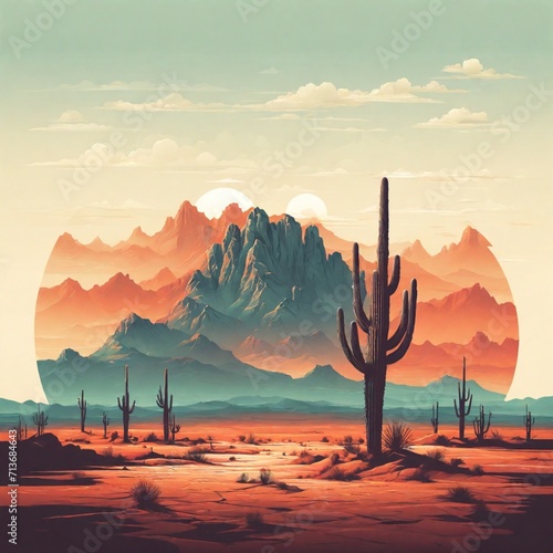 Desert landscape with saguaro cactus and mountains. Negative space illustration.Flat design photo