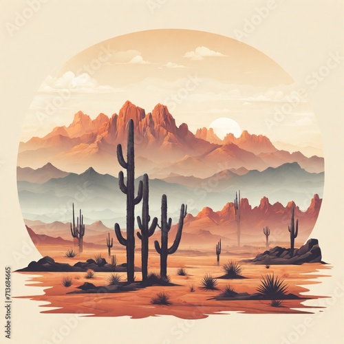 Desert landscape with saguaro cactus and mountains. Negative space illustration.Flat design