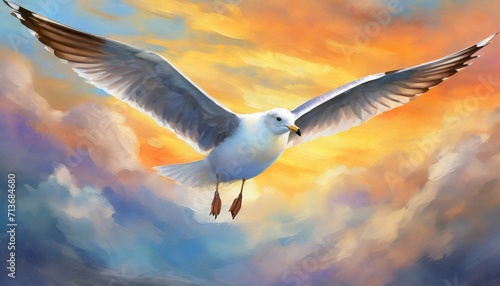 seagull flying in the sky.a seagull in mid-flight against a soft  sunset sky. Convey a sense of tranquility and the bird s effortless navigation through the evening air. 