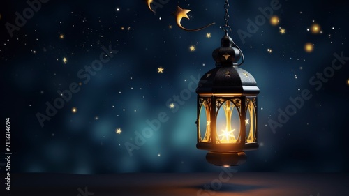 Ramadhan Kareem greetings. Islamic lantern in the night sky with crescent moon and stars. copyspace - generative ai  photo