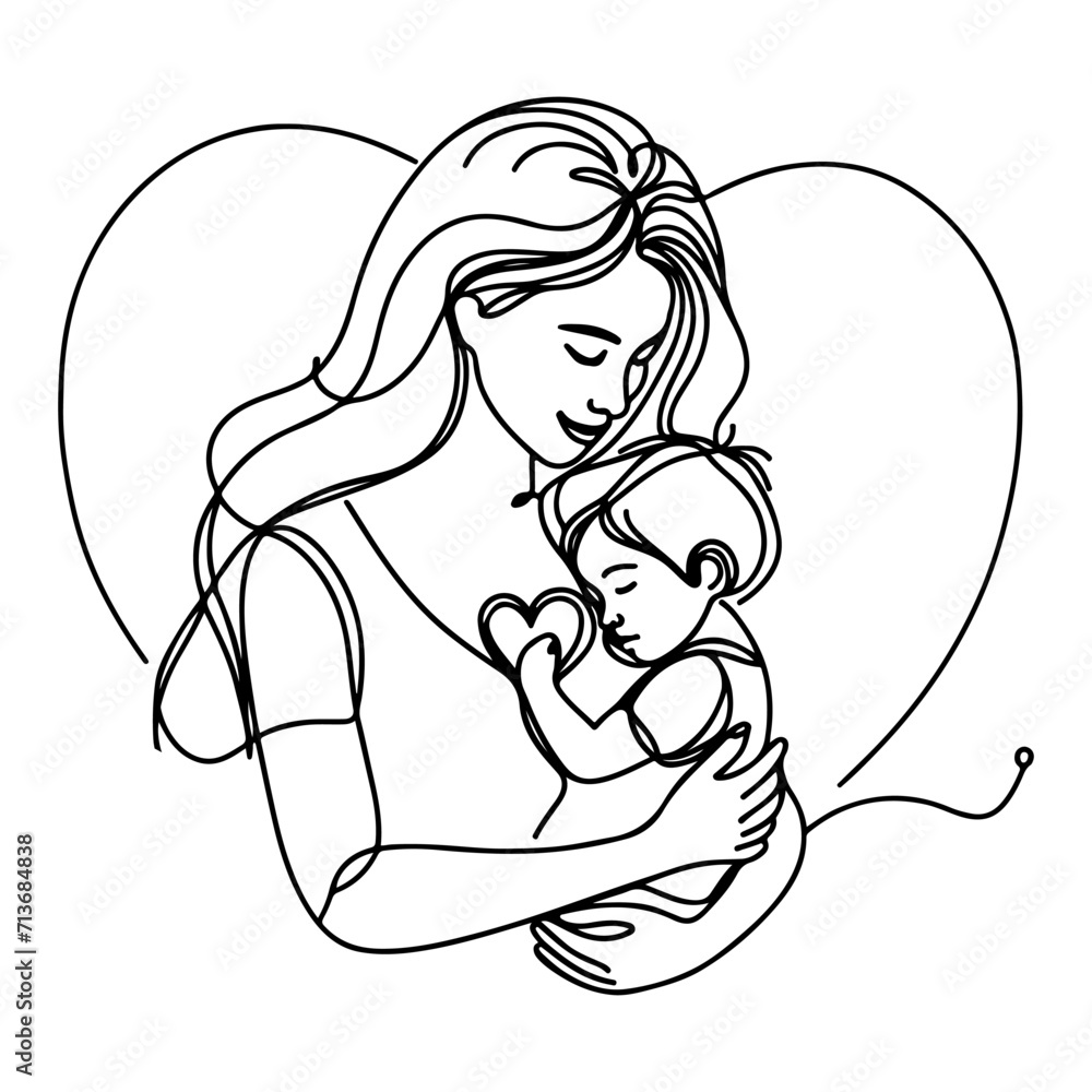 International Women's Day card, woman holding her child in heart with continuous one black outline line drawing Happy mothers day banner doodle style vector illustration International Women's Day card, woman holding her child in heart with continuous one black outline line drawing Happy mothers day banner doodle style vector illustration