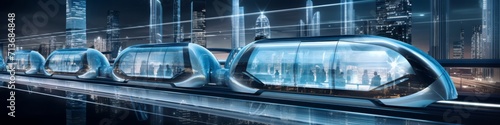 Futuristic transportation nexus panorama,  featuring magnetic levitation trains,  transparent tunnels,  and sustainable energy systems photo