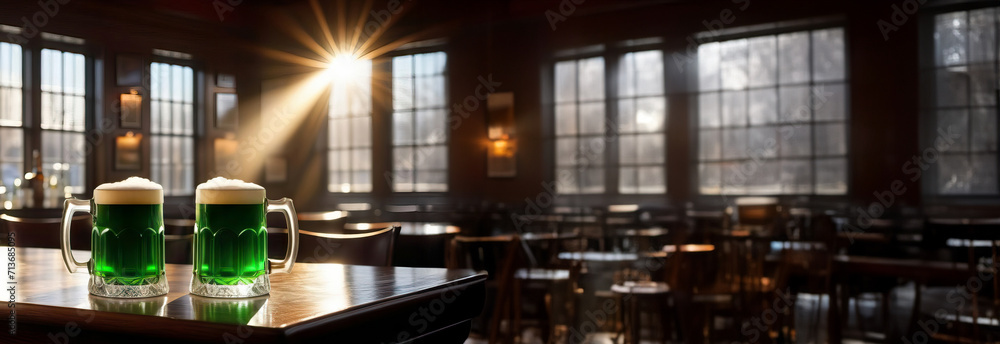 Emerald beer drink on a table in a pub with the setting sun rays from the window. Banner with place for text. Patrick's Day Celebration Emerald beer drink on a table in a pub with the setting sun rays from the window. Banner with place for text. Patrick's Day Celebration