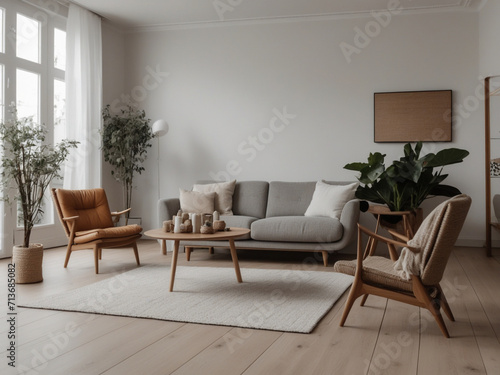 living room with beige sofa. interior design of modern living room, Simple minimal and Zen style © BNMK0819