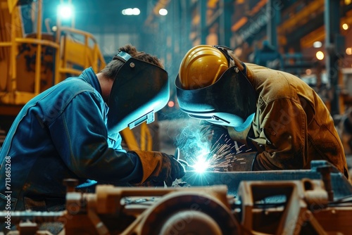 Skilled welders and fabricators constructing heavy equipment photo