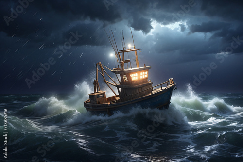 fishing boat with crashing waves at night