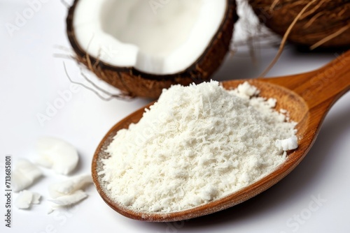 Coconut flakes in a wooden spoon and coconut on a white background