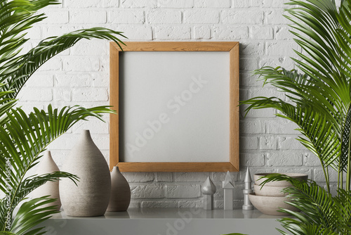 3d rendering 20 x 20 inch size canvas paper for poster and artwork mockup in walnut wooden frame hanging in brick wall interior photo