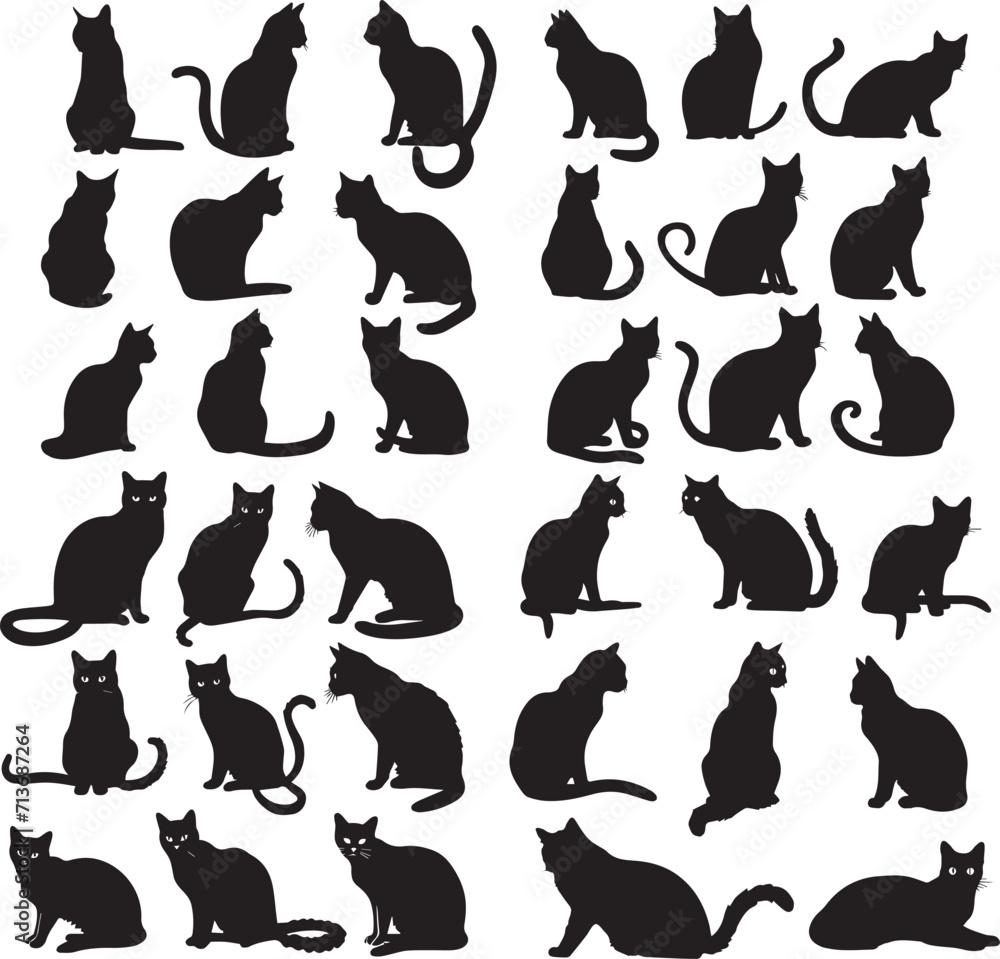 Set of Cats black silhouette on white background 