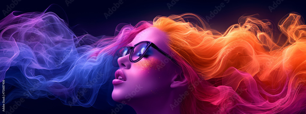 Vibrant Visionary, A Woman With Kaleidoscopic Hair and Spectacles Revealing a Whimsical Smoke