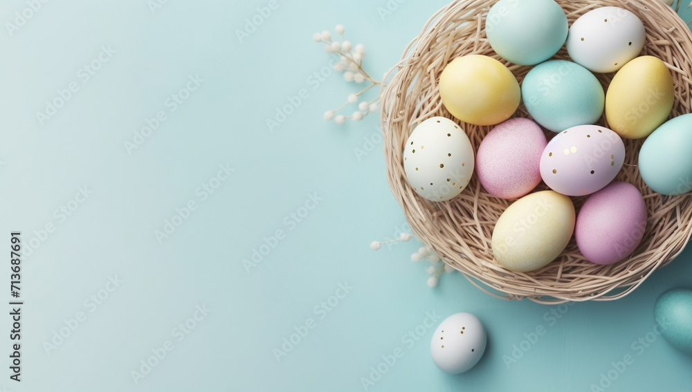 Pastel easter eggs with nest and floral on light blue background. Happy easter day banner, top view