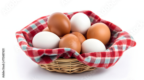 a basket with a red cloth containing several eggs, isolated on white