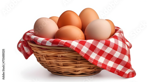 a basket with a red cloth containing several eggs, isolated on white