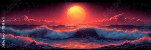 Screen printed Big Wave Sunset Illustration on a Black Background in the Style of a 1970s Music Poster - 70s Graphic Design Wallpaper created with Generative AI Technology