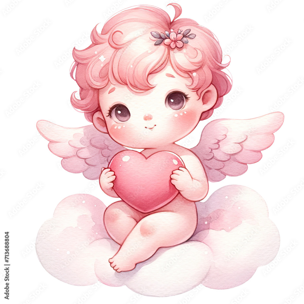 Illustration of a cute, cherubic cupid with pink decorations hold heart, Adorable Angelic Cupid, character design, romantic and love, watercolor clipart, Valentine day and holiday concept.