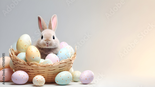 Rabbit and pastel easter eggs in basket with copy space for text on background, banner, wallpaper