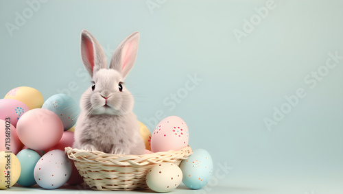 Rabbit and easter eggs with small basket on pastel background, banner, wallpaper. Happy easter day