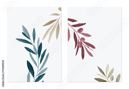 Foliage poster template design, colorful olive leaves on grey