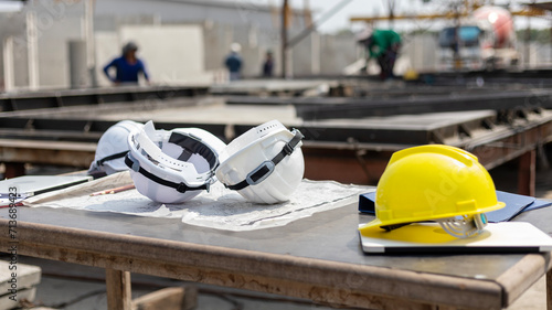 A set of helmet and safety vest left on prefab floor in a factory ready to be used by foremen or constructors.