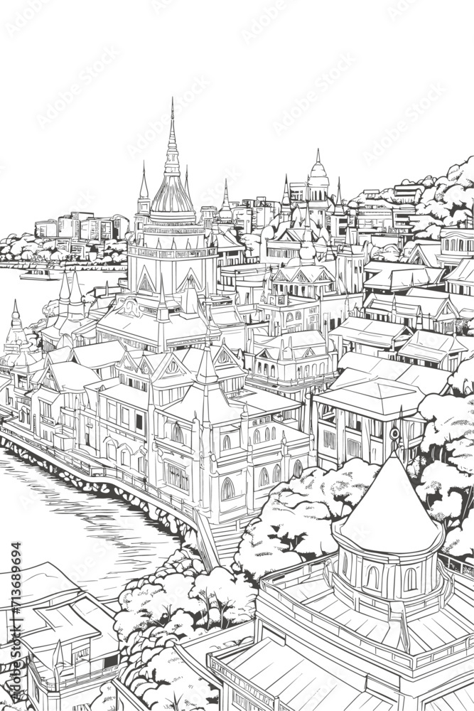 Thailand cityscape black and white coloring page for adults. Megapolis city buildings, street, landmarks vector outline doodle sketch for anti stress color book