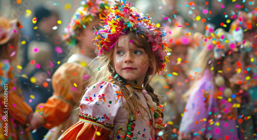 beautiful little girls dressed in colorful costumes parades confetti