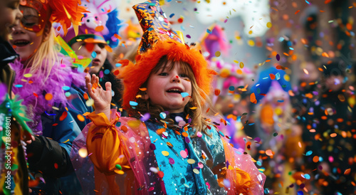 beautiful little girls dressed in colorful costumes parades confetti