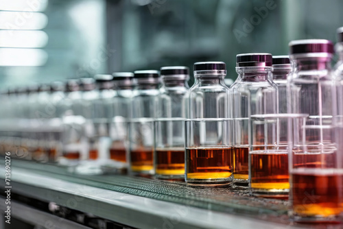 Pharmaceutical production in action. Medical vials on the assembly line at a modern factory. Precision and efficiency in pharmaceutical glass bottle manufacturing captured in a compelling image.