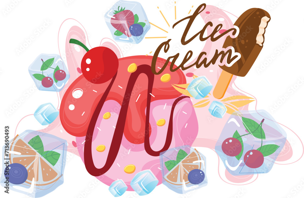 Colorful ice cream lettering with popsicle and cherries, refreshing summer dessert concept. Sweet treats with fruits and melting ice vector illustration. Colorful ice cream lettering with popsicle and cherries, refreshing summer dessert concept. Sweet treats with fruits and melting ice vector illustration.