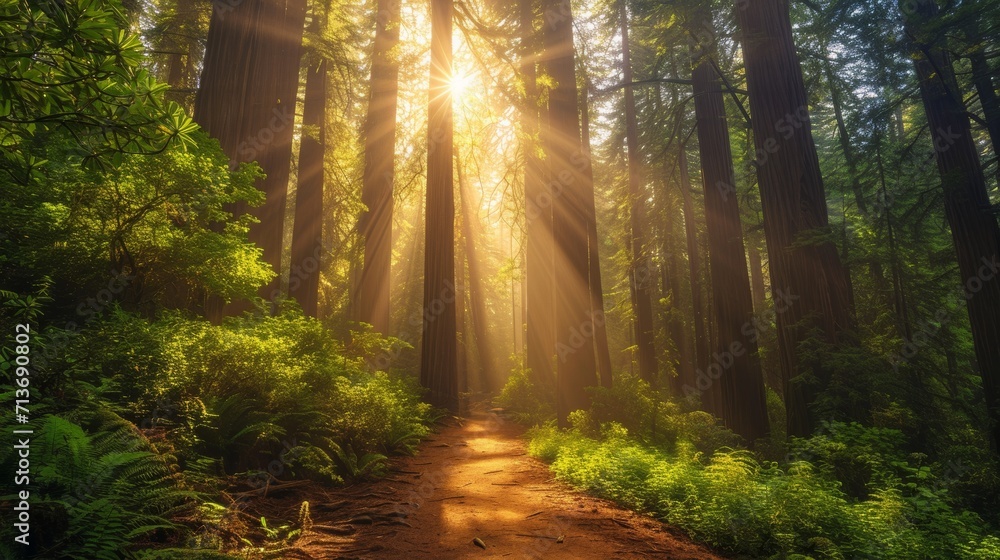 Sunlight Streaming Through Trees in Forest
