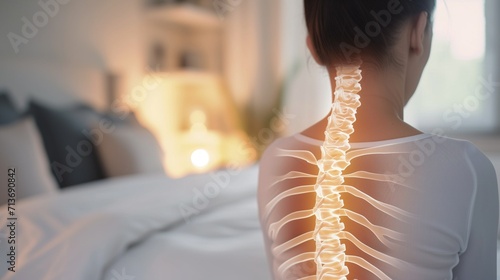 Digital composite of highlighted spine of woman with back pain at home. Rearview shot of a caucasian woman with cgi highlighting his back injury.