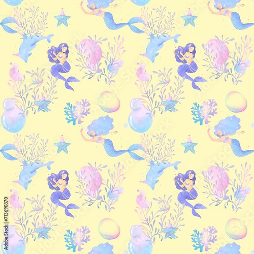 Seamless pattern illustration of a cartoon little mermaid in the sea.