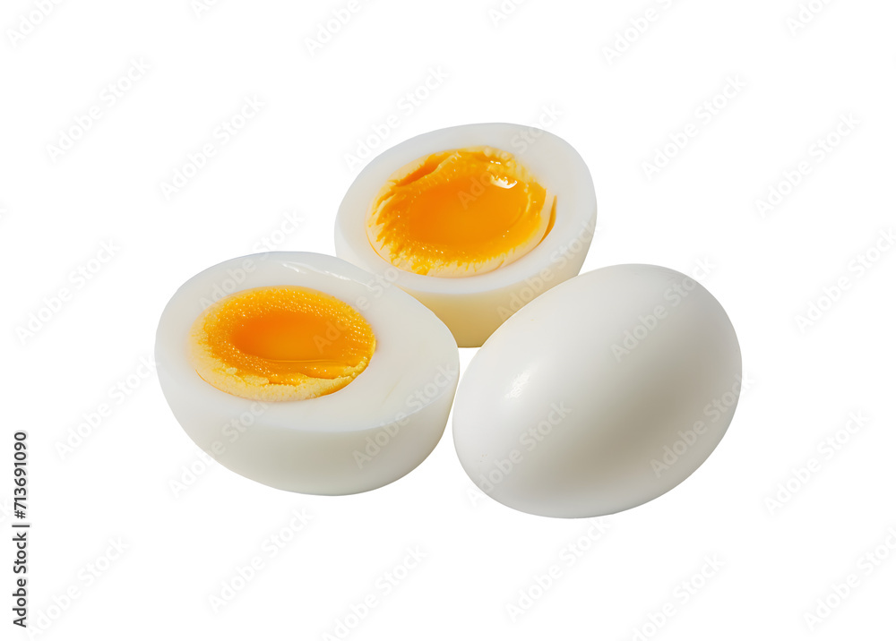 Perfectly Cooked Eggs, Halved to Showcase Creamy Yolks, Isolated on White Background Perfectly Cooked Eggs, Halved to Showcase Creamy Yolks, Isolated on White Background