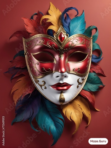 venetian carnival mask with feathers on red background © ZulHaq