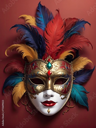 venetian carnival mask with feathers on red background © ZulHaq