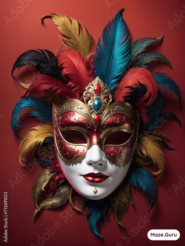 venetian carnival mask with feathers on red background