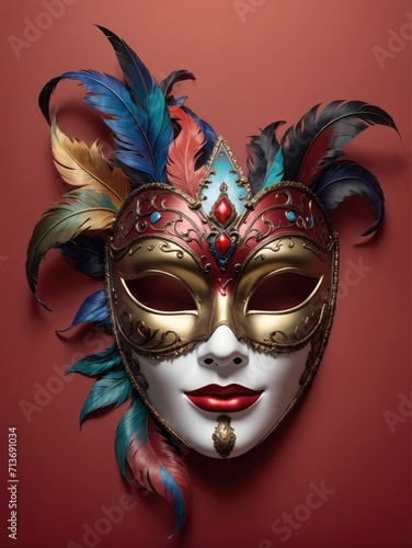 venetian carnival mask with feathers on red background