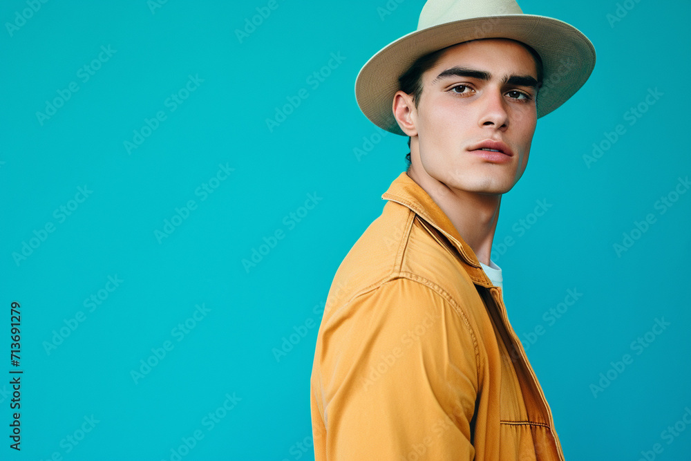 fashion young man giving pose studio colored background fashion young man giving pose studio colored background