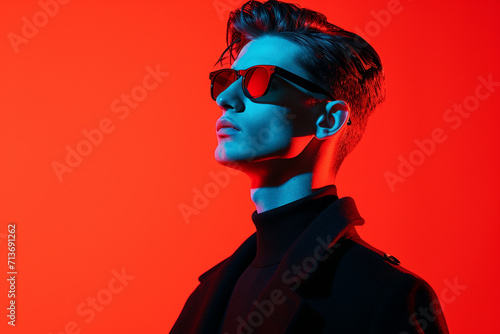 fashion young man giving pose studio colored background