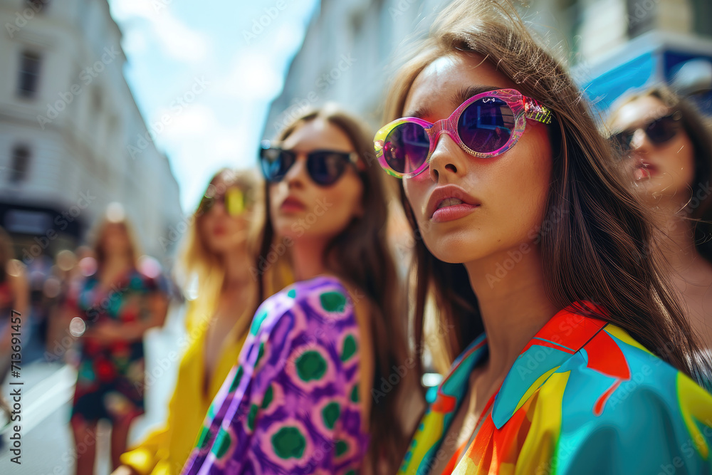 women on the street wearing colorful clothing and sunglasses
