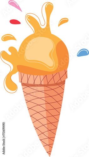 Cartoon melting ice cream cone on white. Splashes of colorful dessert, sweet treat. Summer and snack concept vector illustration.